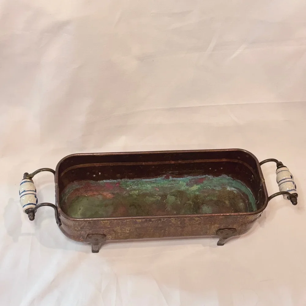 Vintage‎ Footed Copper Brass Jardiniere Planter Pot Delft Porcelain Handles Farm
